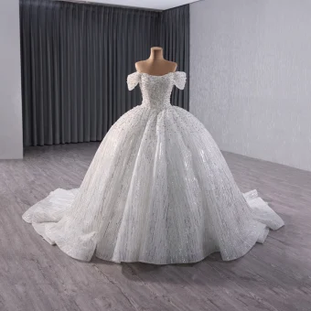 Luxus Hvide Håndlavet Beading Perle Pailletter Brudekjoler 2024 Balkjole Off The Shoulder Kort Ærme Halterneck Chapel Train Bryllup