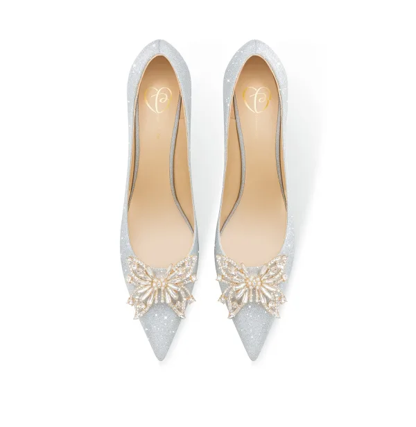 Charmant Zilveren Kristal Vlinder Bruidsschoenen 2024 Leer 6 cm Naaldhakken / Stiletto Spitse Neus Huwelijk Pumps Hoge Hakken