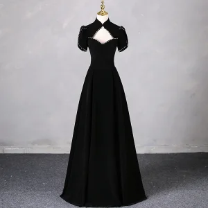 Élégant Noire Faux Diamant Robe De Bal 2024 Princesse Col Haut Manches Courtes Dos Nu Longue Promo Robe De Ceremonie