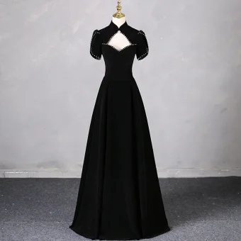Elegant Black Rhinestone Prom Dresses 2024 A Line Princess High Neck Short Sleeve Backless Floor Length Long Prom Formal Dresses