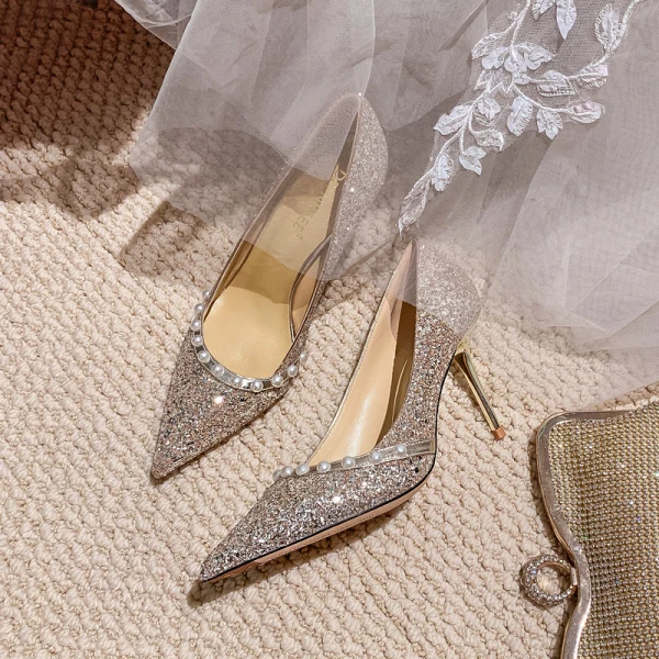 Sparkly Champagne Pearl Sequins Wedding Shoes 2022 Leather 8 cm Stiletto Heels Pointed Toe Wedding Pumps High Heels