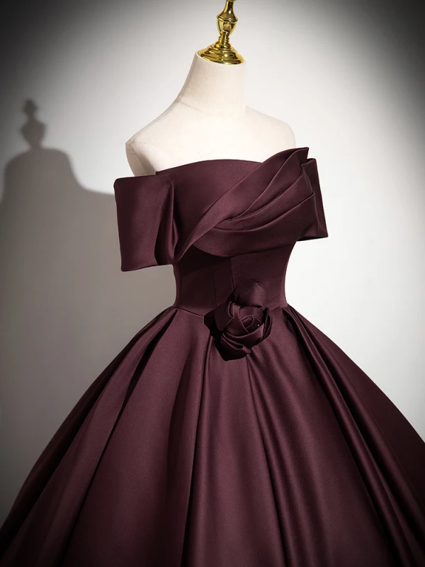 Vintage / Retro Burgundy Satin Prom Dresses 2024 Ball Gown Off-The-Shoulder Short Sleeve Backless Floor-Length / Long Prom Formal Dresses