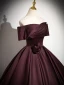 Vintage / Retro Burgundy Satin Prom Dresses 2024 Ball Gown Off-The-Shoulder Short Sleeve Backless Floor-Length / Long Prom Formal Dresses
