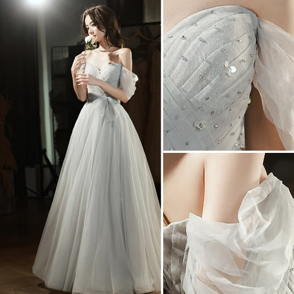 Charming Sky Blue Beading Evening Dresses 2022 A-Line / Princess Off-The-Shoulder Sleeveless Backless Floor-Length / Long Evening Party Formal Dresses