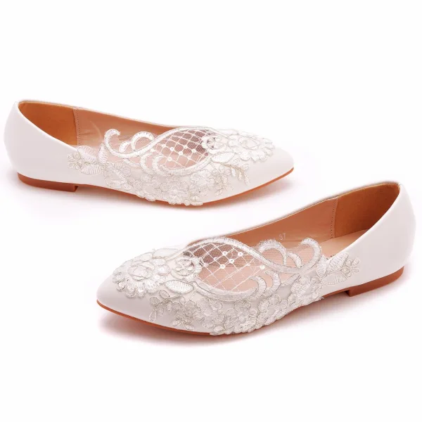 Élégant Blanche Paillettes En Dentelle Fleur Plate Chaussure De Mariée 2023 À Bout Pointu Mariage Talons