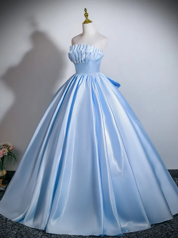 Elegant Sky Blue Satin Prom Dresses 2026 Ball Gown Strapless Sleeveless Backless Bow Floor-Length / Long Formal Dresses