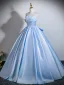Elegant Sky Blue Satin Prom Dresses 2026 Ball Gown Strapless Sleeveless Backless Bow Floor-Length / Long Formal Dresses