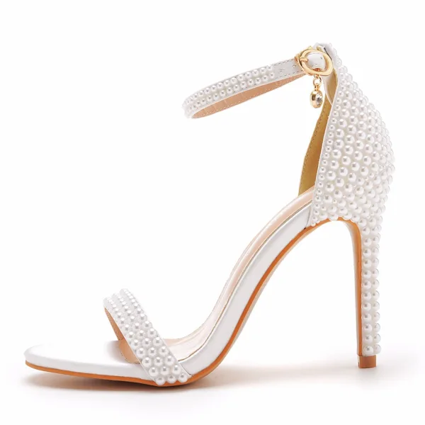 Charmant Weiß Sommer Perle Brautschuhe 2023 10 cm Stilettos Knöchelriemen Peeptoes Hochzeit Sandaletten Hochhackige