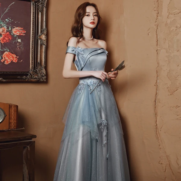 Charming Grey Beading Flower Lace Evening Dresses 2023 A-Line / Princess Off-The-Shoulder Sleeveless Backless Floor-Length / Long Evening Party Formal Dresses