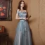 Charming Grey Beading Flower Lace Evening Dresses 2023 A-Line / Princess Off-The-Shoulder Sleeveless Backless Floor-Length / Long Evening Party Formal Dresses