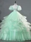 Elegant Sage Green Lace Flower Cascading Ruffles Prom Dresses 2024 Ball Gown Square Neckline Puffy Short Sleeve Backless Floor-Length / Long Prom Formal Dresses