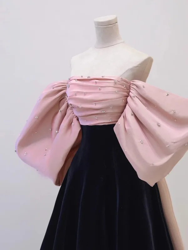 Fashion Blushing Pink Pearl Rhinestone Prom Dresses 2023 A-Line / Princess Off-The-Shoulder Bow Puffy Short Sleeve Backless Floor-Length / Long Prom Formal Dresses