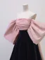 Fashion Blushing Pink Pearl Rhinestone Prom Dresses 2023 A-Line / Princess Off-The-Shoulder Bow Puffy Short Sleeve Backless Floor-Length / Long Prom Formal Dresses