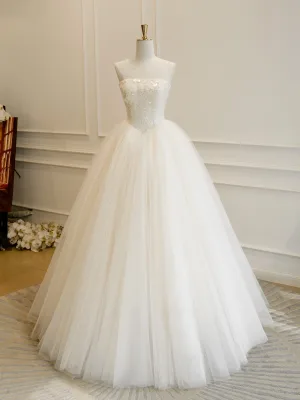 Elegant High End Champagne Håndlaget Beading Perle Paljetter Brudekjoler 2026 Ballkjole Strapless Uten Ermer Ryggløse Lange