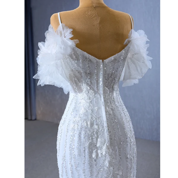 Haut de Gamme Sexy Blanche Volants en Cascade Paillettes En Dentelle Fleur Robe De Mariée 2023 Trompette / Sirène Bretelles Spaghetti Manches Courtes Dos Nu Mariage