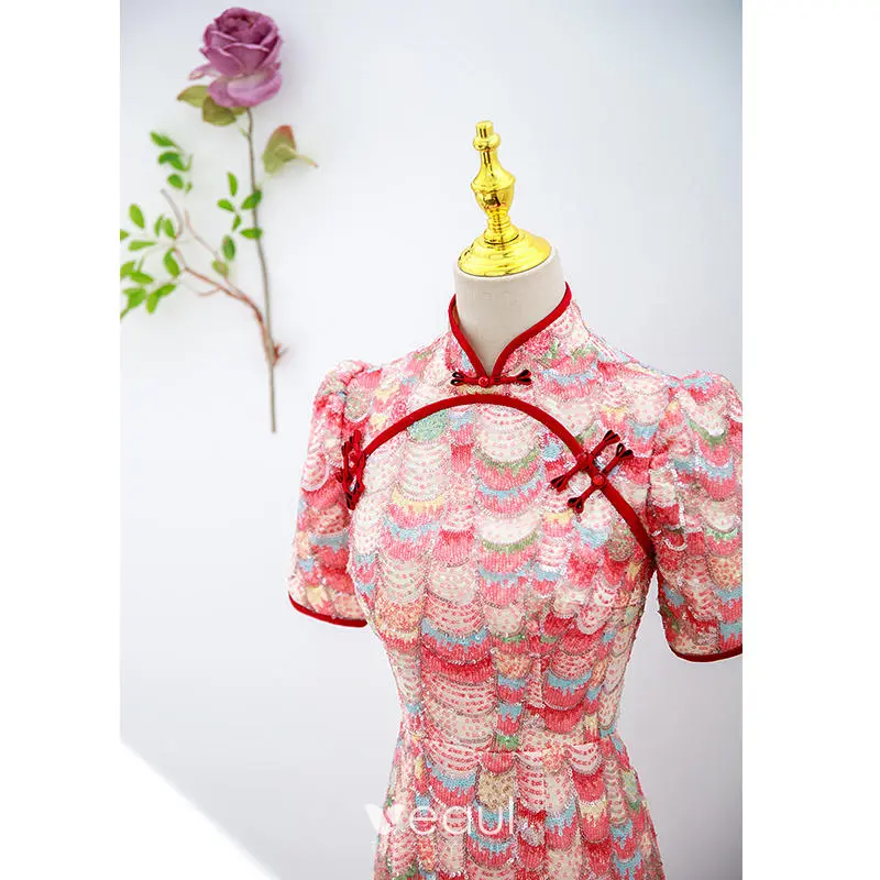 Cheongsam Top Qipao Bloemen Elegante Traditionele Chinese Kleding Voor Vrouwen Chinese Shirts Jurk Bruiloft Comfortabel (Kleur: Color4Top, Maat: XL