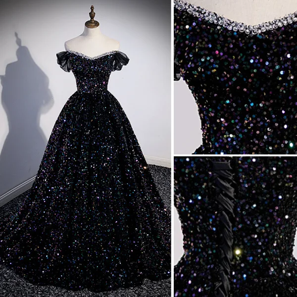 Glitzernden Schwarz Multifarben Pailletten Ballkleider 2023 Ballkleid Off Shoulder Kurze Ärmel Rückenfreies Sweep / Pinsel Zug Ball Festliche Kleider