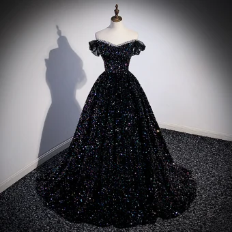 Scintillantes Noire Multi Couleurs Paillettes Robe De Bal 2023 Robe Boule De L Épaule Manches Courtes Dos Nu Train De Balayage Promo Robe De Ceremonie