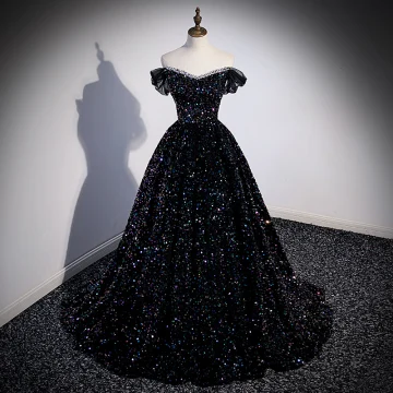 Sparkly Black Multi Colors Sequins Prom Dresses 2023 Ball Gown Off The Shoulder Short Sleeve Backless Sweep Train Prom Formal Dresses