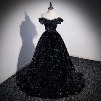 Sparkly Black Multi-Colors Sequins Prom Dresses 2023 Ball Gown Off-The-Shoulder Short Sleeve Backless Sweep Train Prom Formal Dresses