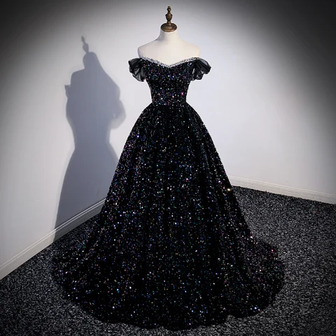 Sparkly Black Multi-Colors Sequins Prom Dresses 2023 Ball Gown Off-The-Shoulder Short Sleeve Backless Sweep Train Prom Formal Dresses