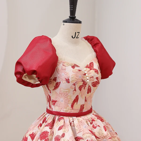 Elegant Red Printing Prom Dresses 2022 Ball Gown Square Neckline Puffy Short Sleeve Backless Sash Floor-Length / Long Prom Formal Dresses