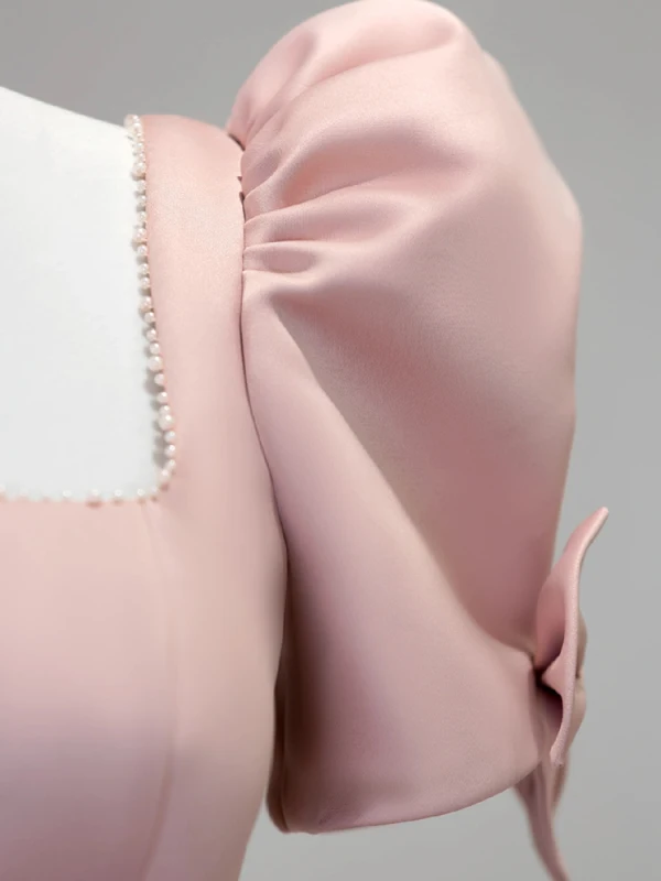 Schöne Rosa Ballkleider 2023 A Linie Eckiger Ausschnitt Perlenstickerei Perle Geschwollenes Kurze Ärmel Rückenfreies Lange Festliche Kleider