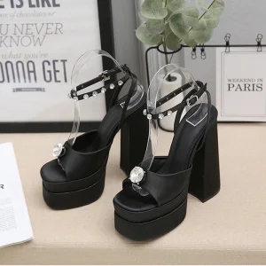 Mode Noire Cocktail Soirée Faux Diamant Sandales Femme 2023 Bride Cheville 14 Cm Talons Aiguilles Imperméables Peep Toes Bout Ouvert Sandales Talons Hauts