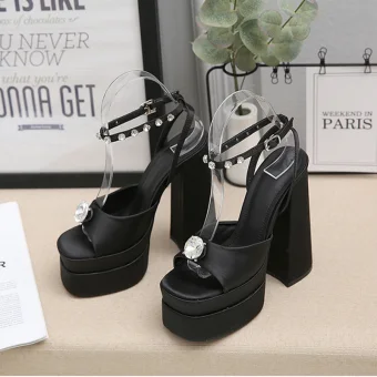 Mode Noire Cocktail Soirée Faux Diamant Sandales Femme 2023 Bride Cheville 14 Cm Talons Aiguilles Imperméables Peep Toes Bout Ouvert Sandales Talons Hauts