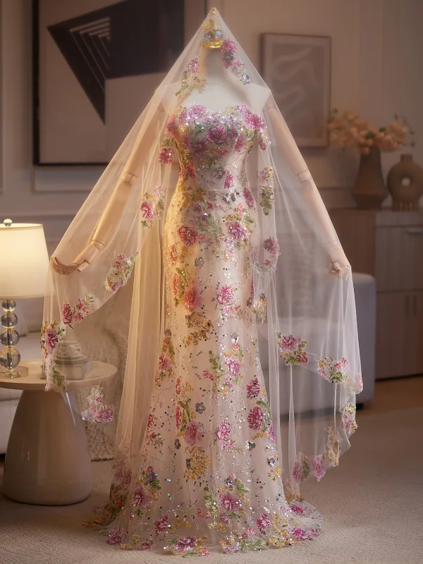Flower Fairy Multi-Colors Beading Sequins Lace Flower Prom Dresses 2025 With Shawl Trumpet / Mermaid Strapless Sleeveless Backless Sweep Train Formal Dresses