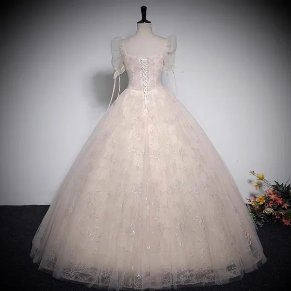 Elegant Champagne Printing Prom Dresses 2023 Ball Gown Square Neckline Short Sleeve Backless Floor-Length / Long Prom Formal Dresses