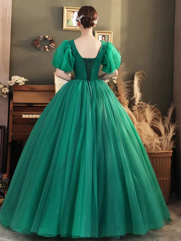 Vintage / Retro Dark Green Beading Glitter Prom Dresses 2024 Ball Gown V-Neck Puffy Short Sleeve Backless Floor-Length / Long Prom Formal Dresses