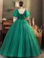 Vintage / Retro Dark Green Beading Glitter Prom Dresses 2024 Ball Gown V-Neck Puffy Short Sleeve Backless Floor-Length / Long Prom Formal Dresses