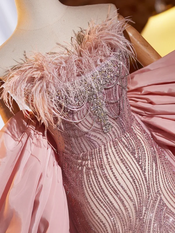 Lovely Blushing Pink Sequins Rhinestone Prom Dresses 2024 Trumpet / Mermaid Strapless Tassel Short Sleeve Backless Floor-Length / Long Prom Formal Dresses