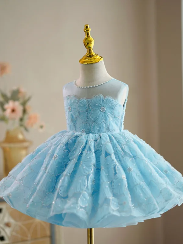 Fashion Sky Blue Pearl Short Birthday Flower Girl Dresses 2023 Ball Gown Scoop Neck Sleeveless