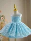 Fashion Sky Blue Pearl Short Birthday Flower Girl Dresses 2023 Ball Gown Scoop Neck Sleeveless