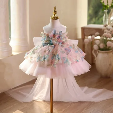 Flower Fairy Blushing Pink Beading Appliques Sequins Birthday Short Flower Girl Dresses 2025 Ball Gown Scoop Neck Sleeveless Backless Tulle