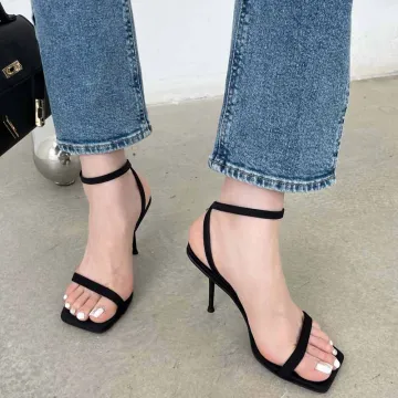 Sexy Black Street Wear Womens Sandals 2022 Ankle Strap 9 Cm Stiletto Heels Open Peep Toe Sandals High Heels