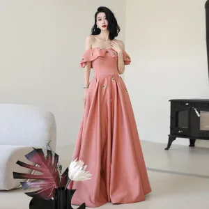 Chic Watermelon Rouge Satin Robe De Bal 2024 Princesse De L Épaule Manches Courtes Dos Nu Longue Promo Robe De Ceremonie