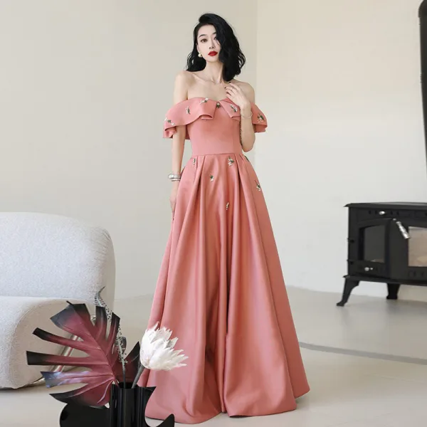 Classy Watermelon Satin Prom Dresses 2024 A-Line Princess Off-The-Shoulder Short Sleeve