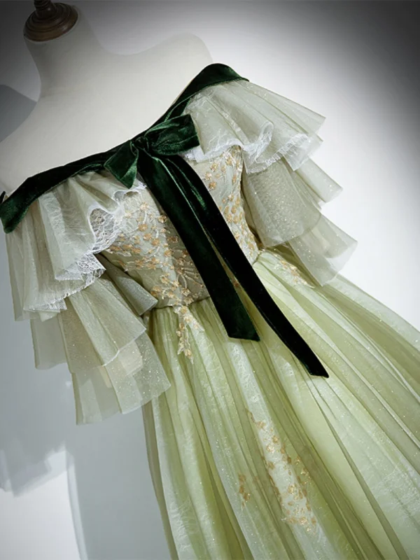 Fashion Sage Green Sequins Pleated Prom Dresses 2023 A-Line / Princess Off-The-Shoulder Bow Short Sleeve Backless Floor-Length / Long Prom Formal Dresses