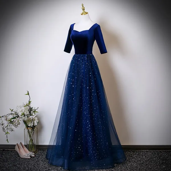 Vintage / Retro Navy Blue Star Sequins Floor-Length / Long Mother Of The Bride Dresses 2025 A-Line / Princess Square Neckline Short Sleeve Backless