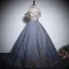 Elegant Sky Blue Beading Rhinestone Sequins Prom Dresses 2024 Ball Gown Off-The-Shoulder Short Sleeve Backless Floor-Length / Long Prom Formal Dresses