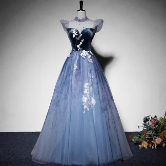 Élégant Bleu Ciel Daim Robe De Bal 2022 Princesse Col Haut Sans Manches Perlage En Dentelle Fleur Longue Robe De Ceremonie