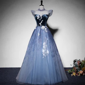 Elegant Sky Blue Suede Prom Dresses 2022 A Line Princess High Neck Sleeveless Beading Lace Flower Floor Length Long Formal Dresses