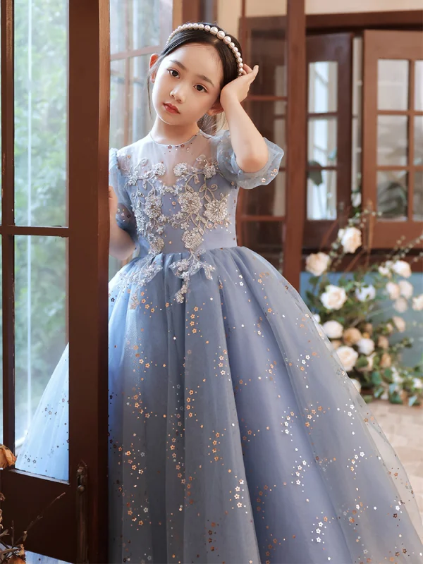 Chic / Beautiful Sky Blue Beading Sequins Lace Flower Prom Flower Girl Dresses 2022 A-Line / Princess Scoop Neck Short Sleeve Floor-Length / Long Flower Girl Dresses