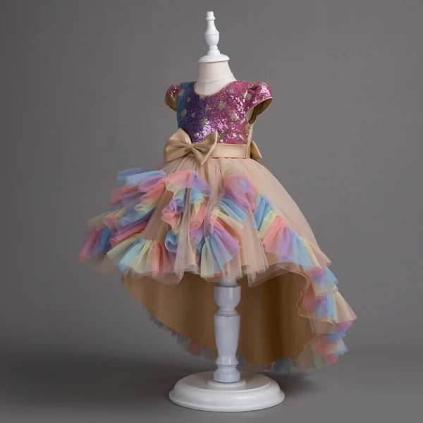 Chic / Beautiful Candy Pink Sequins Bow Sash Asymmetrical Birthday Flower Girl Dresses 2024 Ball Gown Scoop Neck Short Sleeve