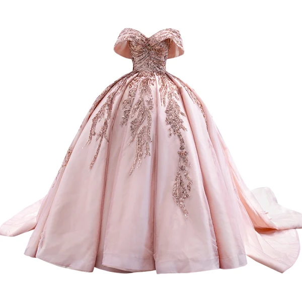 Luxury / Gorgeous Blushing Pink Beading Sequins Wedding Dresses 2022 Ball Gown Off-The-Shoulder Short Sleeve Backless Court Train Wedding