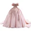 Luxury / Gorgeous Blushing Pink Beading Sequins Wedding Dresses 2022 Ball Gown Off-The-Shoulder Short Sleeve Backless Court Train Wedding
