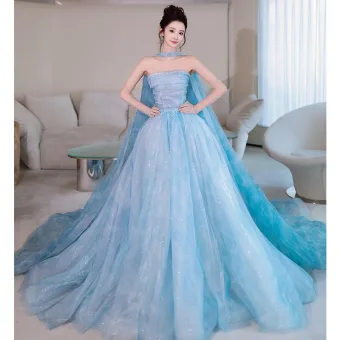 Charmant Bleu Ciel Paillettes Avec Cape Robe De Bal 2025 Robe Boule Bustier Sans Manches Dos Nu Tribunal Train Robe De Ceremonie